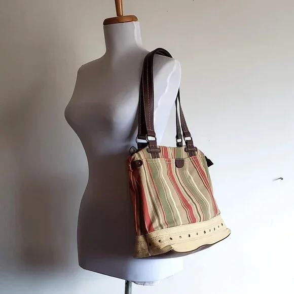 Large RELIC by FOSSIL Canvas Handbag Utility Boho Stripe Olive Red Vintage - Picture 2 of 16